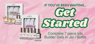 Advertisement for 2 new complete 7-piece Builder Gel starter kits on a pink background with text 'Get Started'.