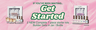 Advertisement for 2 new complete 7-piece Builder Gel starter kits on a pink background with text 'Get Started'.