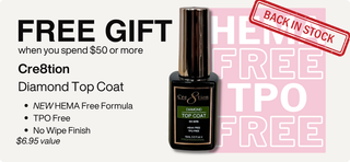 Advertisement for Cre8tion Diamond Top Coat with a free gift offer and product details.