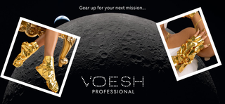 Promotional image for Voesh Professional with Imperial gold collagen booties and gloves on Artemis II moon surface photo from NASA