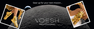 Promotional image for Voesh Professional with Imperial gold collagen booties and gloves on Artemis II moon surface photo from NASA