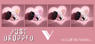 Collage of a cosmetic acrylic powder jars from V Beauty with heart-shaped light effects and text on a pink background Call Me Collection