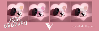 Collage of a cosmetic acrylic powder jars from V Beauty with heart-shaped light effects and text on a pink background Call Me Collection