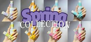 Collage of colorful Spring Theme Gel Colors held by hands with 'Spring Collection' text overlay