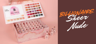 Collection of Gel Polish Sheer Nude in a box with 'Billionaire' branding on a pink background