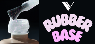 Clear rubber base product with a black background featuring 'Rubber Base' text. VBeautyPure Rubber Base Banner