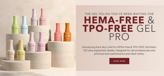 Kiara Sky Gel Pro Display of Hema-free and TPO-free gel polish bottles with promotional text on a beige background