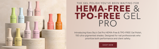 Kiara Sky Gel Pro Display of Hema-free and TPO-free gel polish bottles with promotional text on a beige background