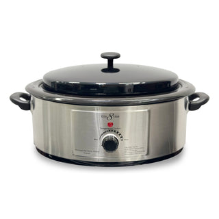 Stainless steel Cre8tion 6Q hot stone heater with a black lid and front temperature knob
