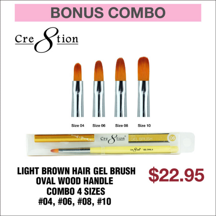 (Bonus Combo) Cre8tion Light Brown Hair Gel Brush Oval Wood Handle Combo 4 Sizes  #04, #06, #08, #10