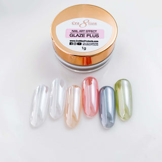 Cre8tion Glaze Plus nail art effect jar above tips in clear, peach, rose, silver and lime glaze