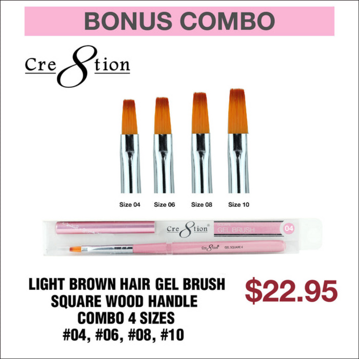 (Bonus Combo) Cre8tion Light Brown Hair Gel Brush Square Wood Handle Combo 4 sizes #04, #06, #08, #10