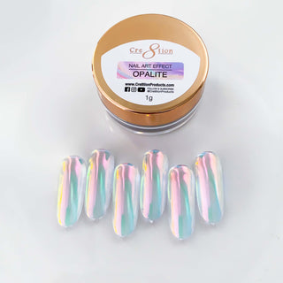 Cre8tion Opalite nail art effect jar above six tips with a pearly blue, pink and green glass finish