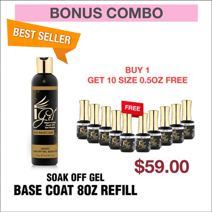 (Bonus Combo) iGel Soak Off Gel Base Coat 8oz Refill - Buy 1 Get 10 Size 0.5oz Free