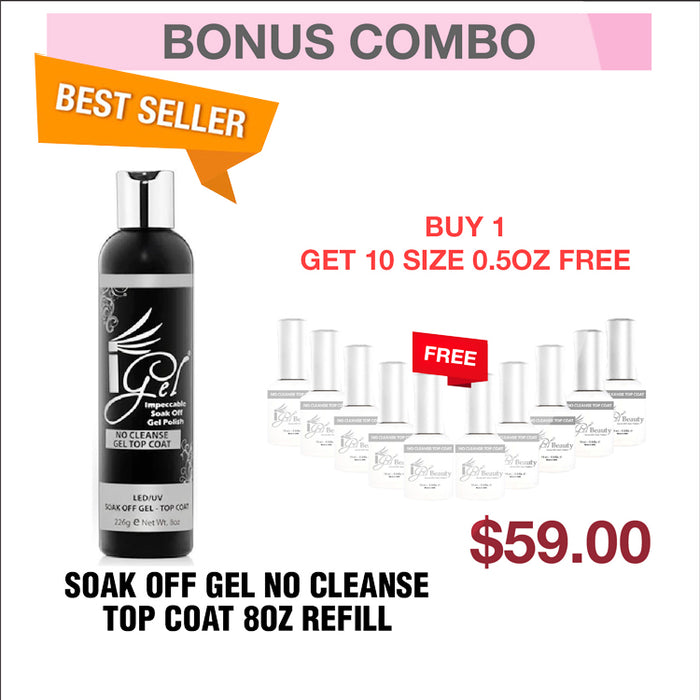(Bonus Combo) iGel Soak Off Gel No Cleanse Top Coat 8oz Refill - Buy 1 Get 10 Size 0.5oz Free