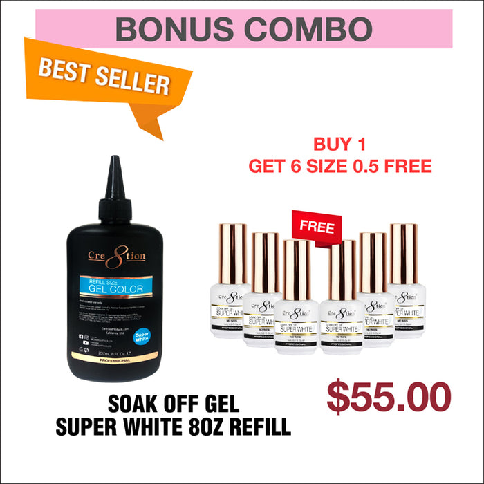 (Bonus Combo) Cre8tion Soak Off Gel Super White 8oz Refill - Buy 1 Get 6 Size 0.5oz Free