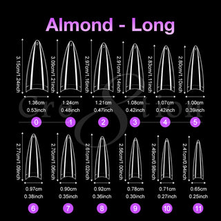 Cre8tion Almond Long tip size chart, twelve clear tips numbered zero to eleven with cm and inch sizes.