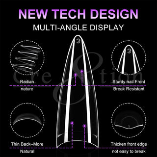 Cre8tion almond tip shown from four angles, detailing the curve, thin back edge and reinforced front.