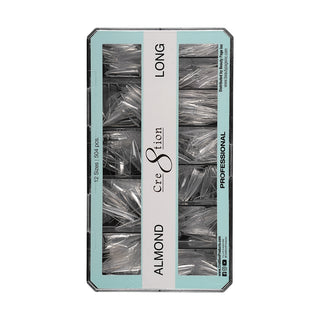 Mint green Cre8tion Almond Long tip box open on white showing rows of clear tips in twelve sizes.