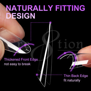 Close up of a clear Cre8tion almond tip held in hand, thickened front edge and thin back edge labeled.