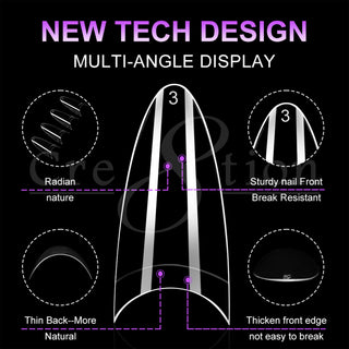 Cre8tion almond tip shown from four angles, detailing the curve, thin back edge and reinforced front.
