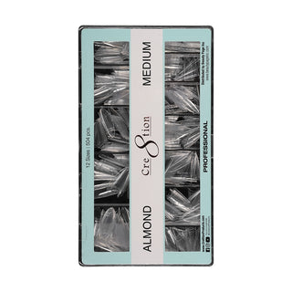 Mint green Cre8tion Almond Medium tip box open on white showing rows of clear tips in twelve sizes.