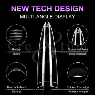 Cre8tion almond tip shown from four angles, detailing the curve, thin back edge and reinforced front.