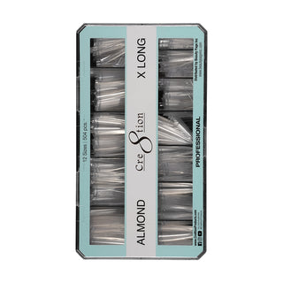 Mint green Cre8tion Almond Extra Long tip box open on white showing rows of clear tips in twelve sizes.