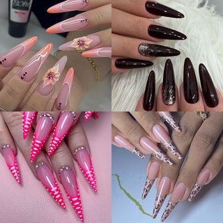 Four extra long almond nail looks: nude floral art, dark burgundy glitter, hot pink studs, leopard french.