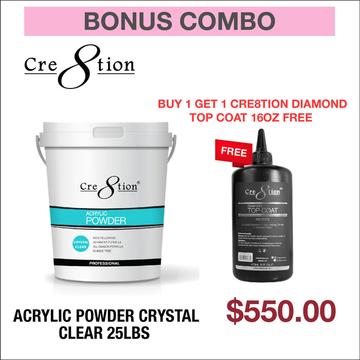 Cre8tion Acrylic Powder Crystal Clear 25 lbs - Compre 1 y obtenga 1 Cre8tion Diamond top coat 16 oz