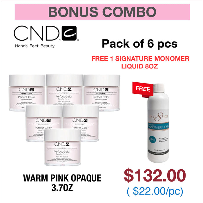 CND Warm Pink Opaco 3.7oz - 1 paquete de 6 piezas - Gratis 1 Signature Monomer Liquid 16oz.