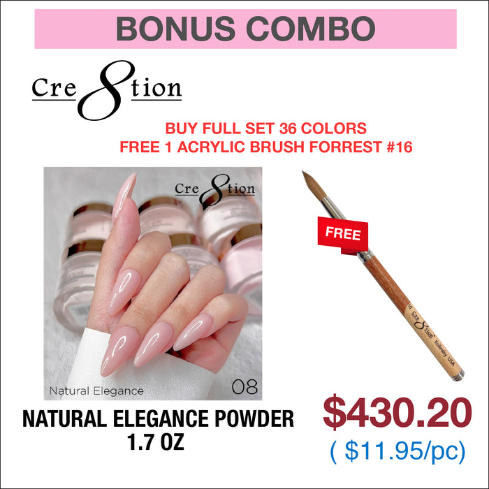 (Bonus Combo) Cre8tion Natural Elegance Powder 1.7oz - Buy Full Set 36 Colors Free 1 Acrylic Brush Forrest #16