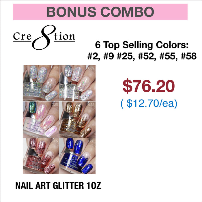 (Bonus Combo) Cre8tion Nail Art Glitter 1oz - 6 Top Selling Colors