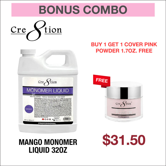 (Bonus Combo) Cre8tion Mango Monomer Liquid 32 oz - Buy 1 Get 1 Cover Pink Powder 1.7oz. Free