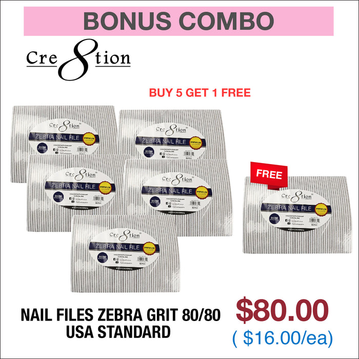 (Bonus Combo) Cre8tion Nail Files Zebra Grit 80/80 - USA Standard - Buy 5 Get 1 Free