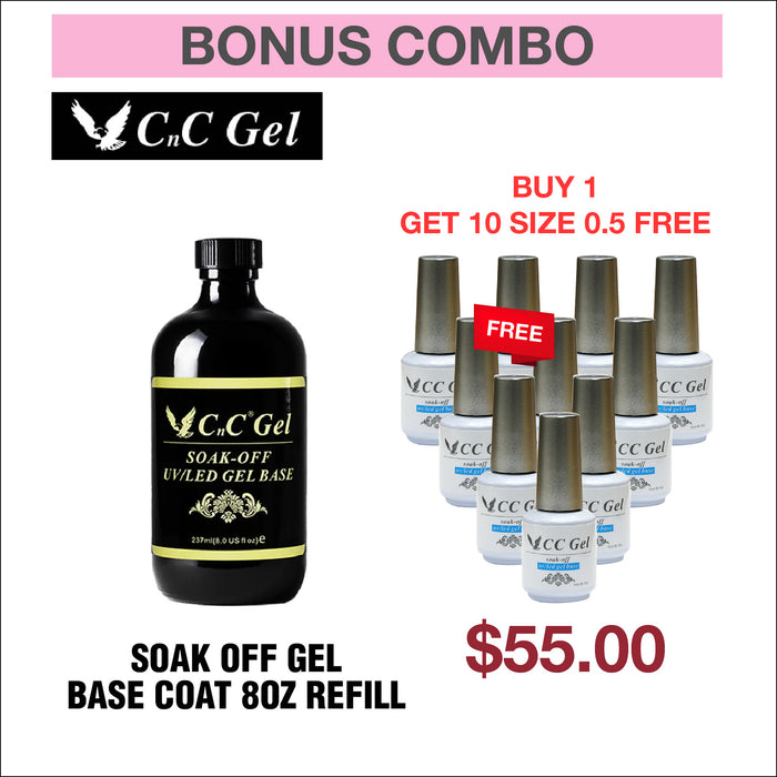 Bonus Combo - CnC Soak Off Gel Base Coat Repuesto de 8 oz - Compre 1 y obtenga 10 tamaños 0.5 oz gratis