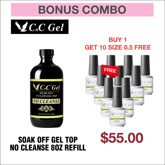 Bonus Combo - CnC Soak Off Gel Top No Cleanse Repuesto de 8 oz - Compre 1 y obtenga 10 tamaños 0.5 oz gratis