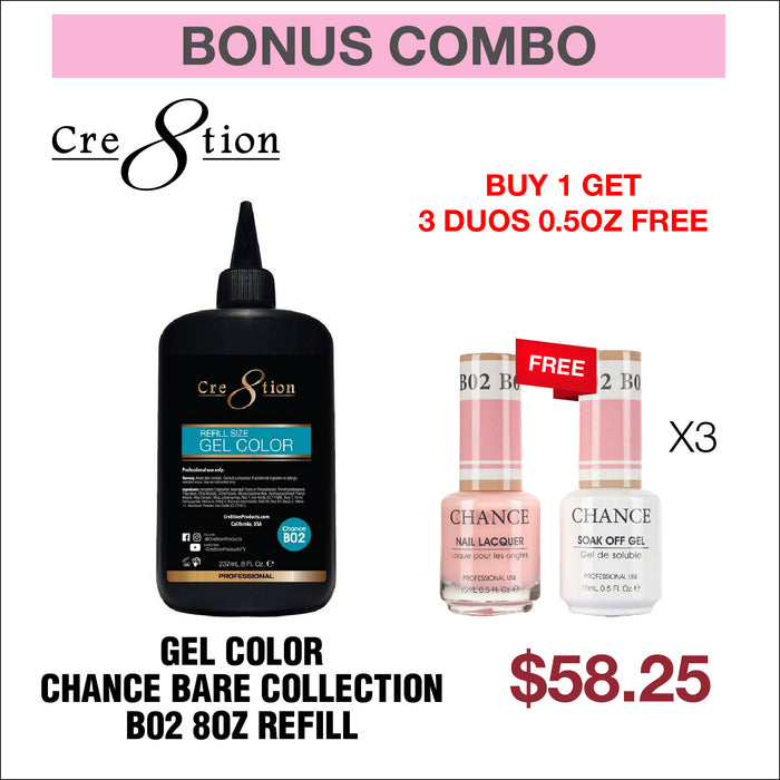 (Bonus Combo) Cre8tion Gel Color - Chance Bare Collection B02 8oz Refill - Buy 1 Get 3 Matching Duo 0.5oz Free