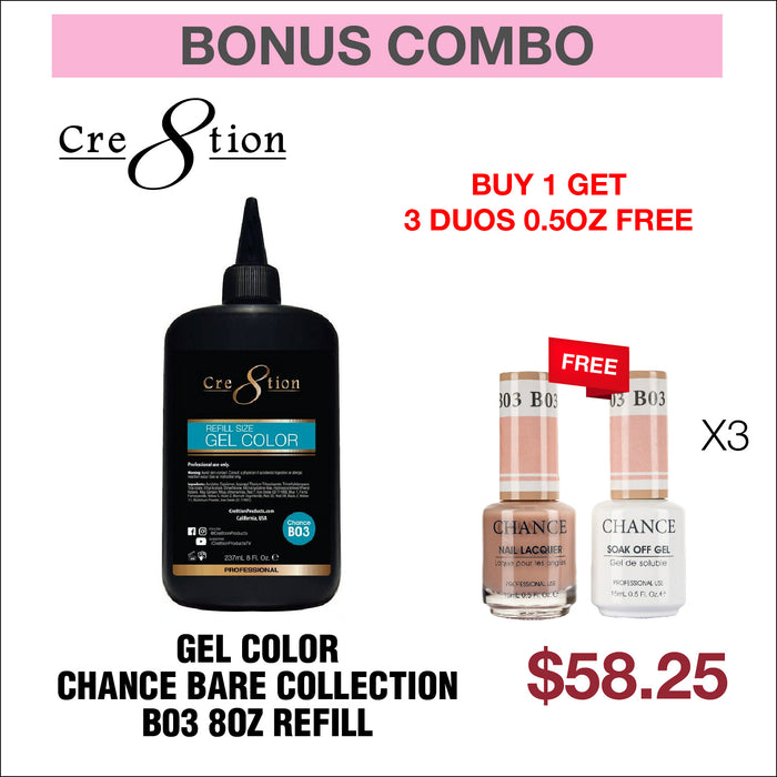 (Bonus Combo) Cre8tion Gel Color - Chance Bare Collection B03 8oz Refill - Buy 1 Get 3 Matching Duo 0.5oz Free
