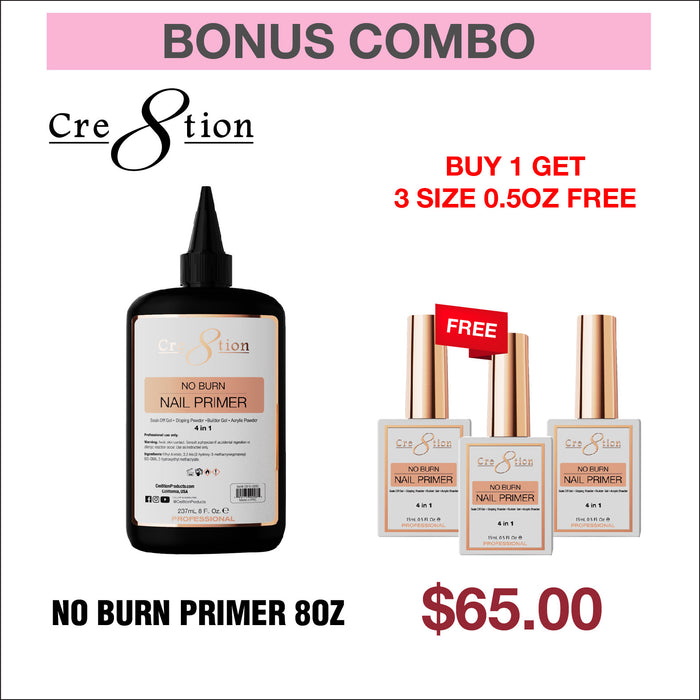 (Bonus Combo) Cre8tion No Burn Nail Primer 8oz - Buy 1 Get 3 Size 0.5oz Free