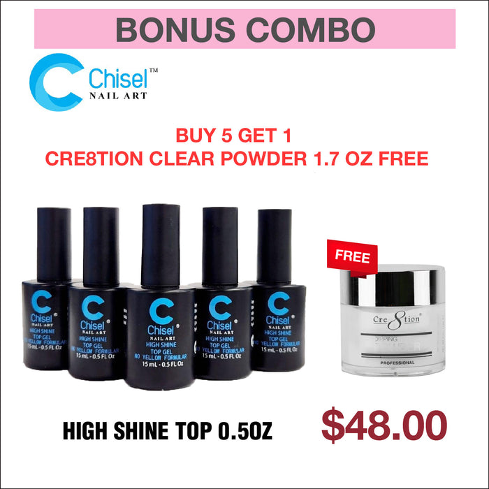 (Bonus Combo) Chisel High Shine Top 0.5oz - Buy 5 Get 1 Clear Acrylic Powder 1.7oz Free