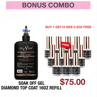 (Bonus Combo) Cre8tion Gel Diamond No Wipe Top Coat 16oz Refill - Buy 1 Get 12 Size 0.5oz Free