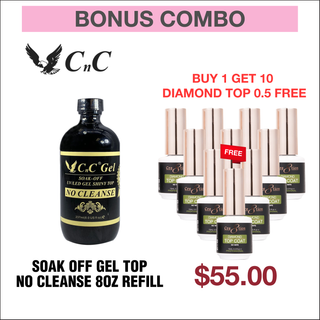 (Bonus Combo) CnC Soak Off Gel Top No Cleanse 8oz Refill - Buy 1 Get 10 Cre8tion Diamond Top 0.5oz Free