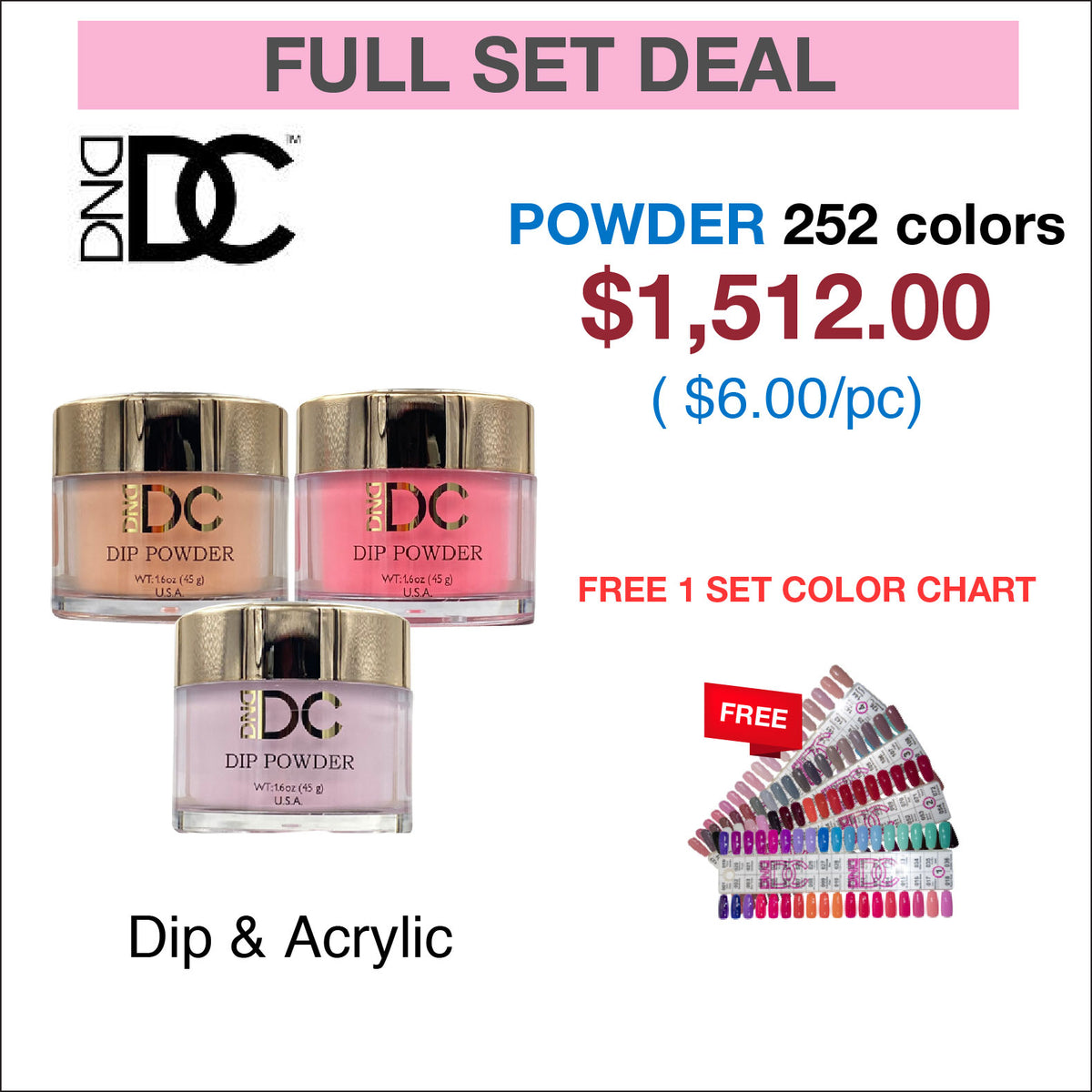 DND DC Matching Dip Powder 2oz - Full set 252 colors w/ 1 set Color Ch ...