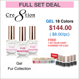 Cre8tion Fur Gel 0.5oz - Full Set 18 colors w/ 6 Top Diamond 0.5oz & 1 Color Chart