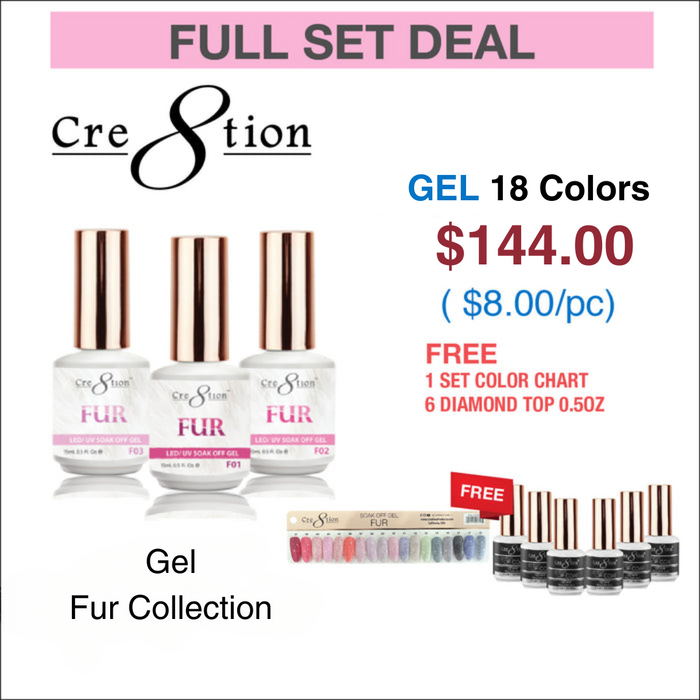 Cre8tion Fur Gel 0.5oz - Full Set 18 colors w/ 6 Top Diamond 0.5oz & 1 Color Chart