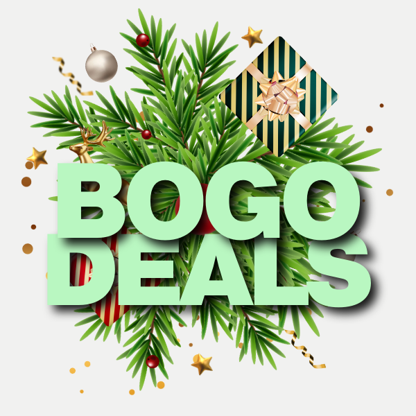 Christmas-themed promotional graphic with 'BOGO DEALS' text surrounded by greenery, ornaments, and a gift box.