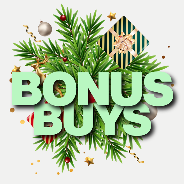  festive promotional graphic with 'Bonus Buys' text surrounded by Christmas decorations on a white background