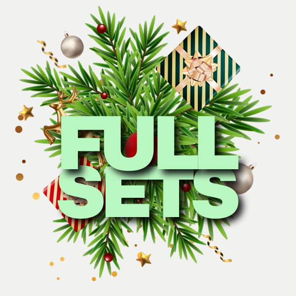 Christmas-themed promotional graphic with 'FULL SETS' text surrounded by greenery, ornaments, and gift boxes.
