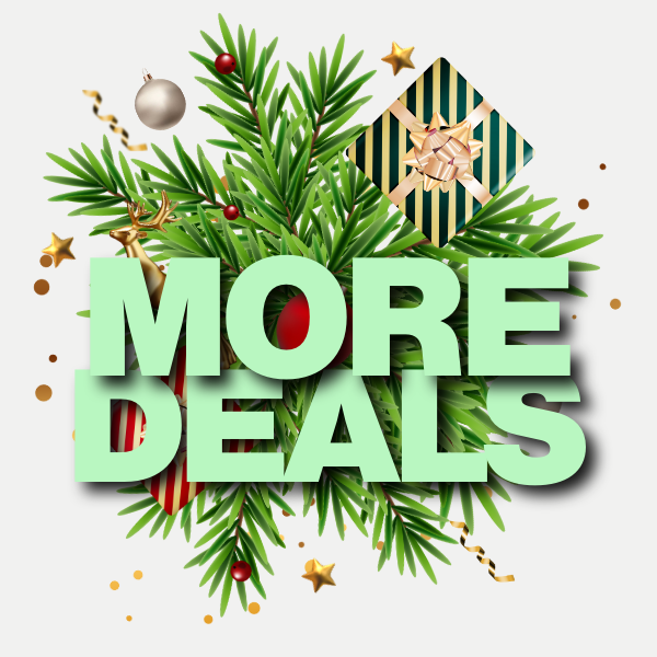  festive promotional graphic with 'MORE DEALS' text surrounded by Christmas elements on a white background